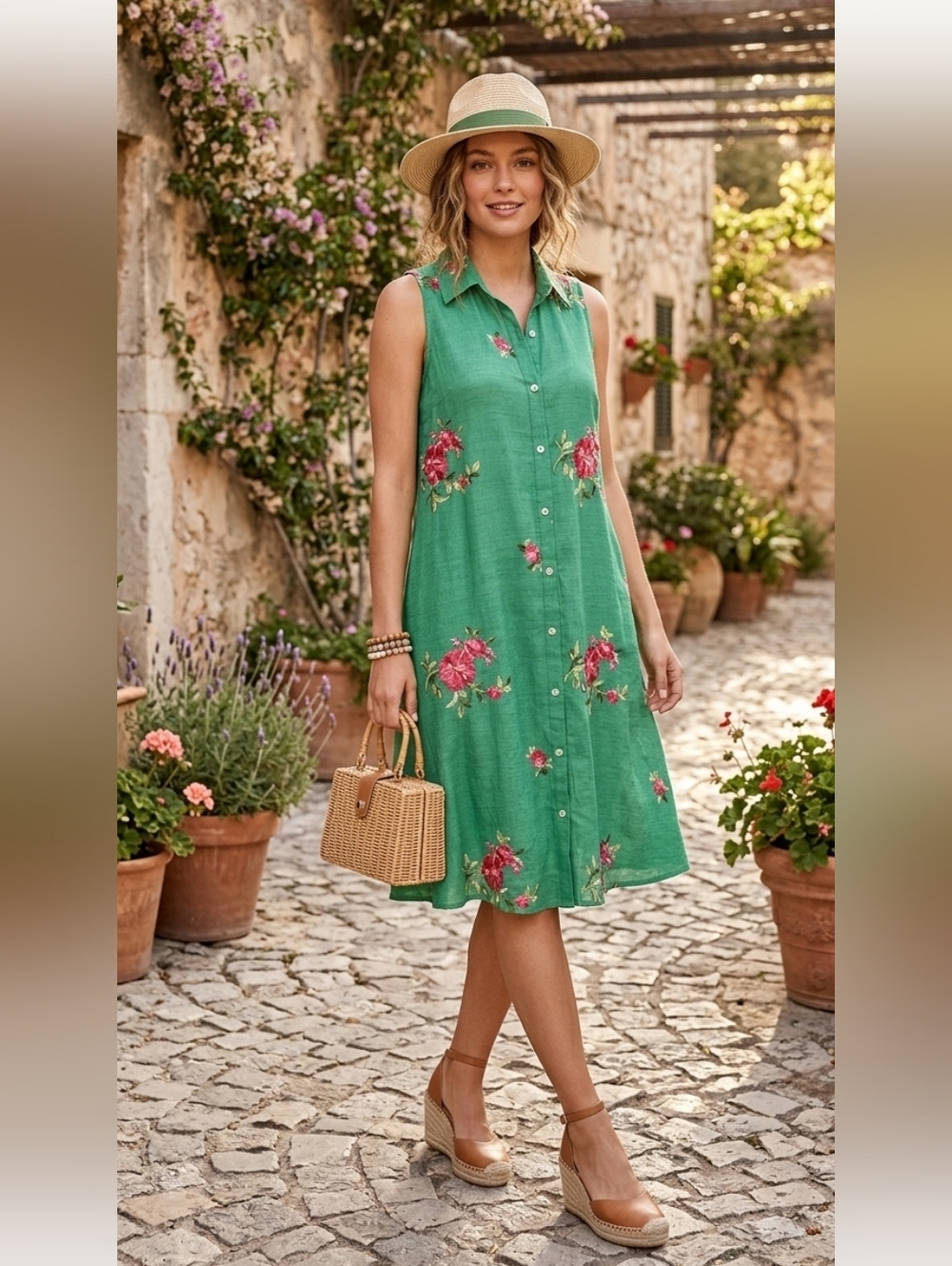 Hope Springs Green Embroidered Red Flowers Sleeveless Shirt Dress Sundress M